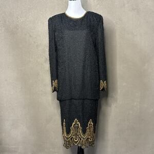 Lawrence Kazar NY Silk Beaded Drop Waist Dress Black Gold M